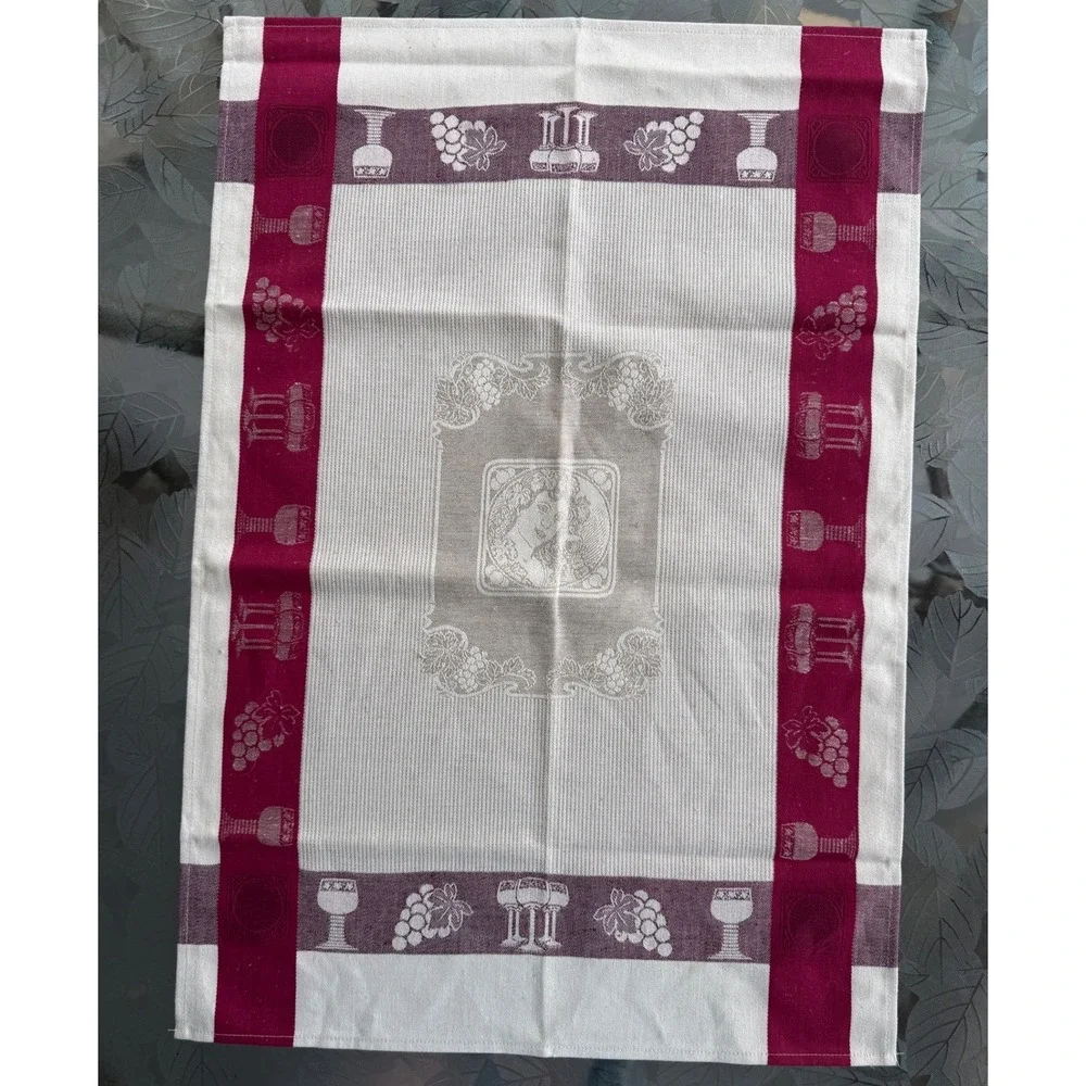 Vintage Jacquard Tea Towel Wine Grapes Burgundy Cream Cotton Linen Kitchen Decor